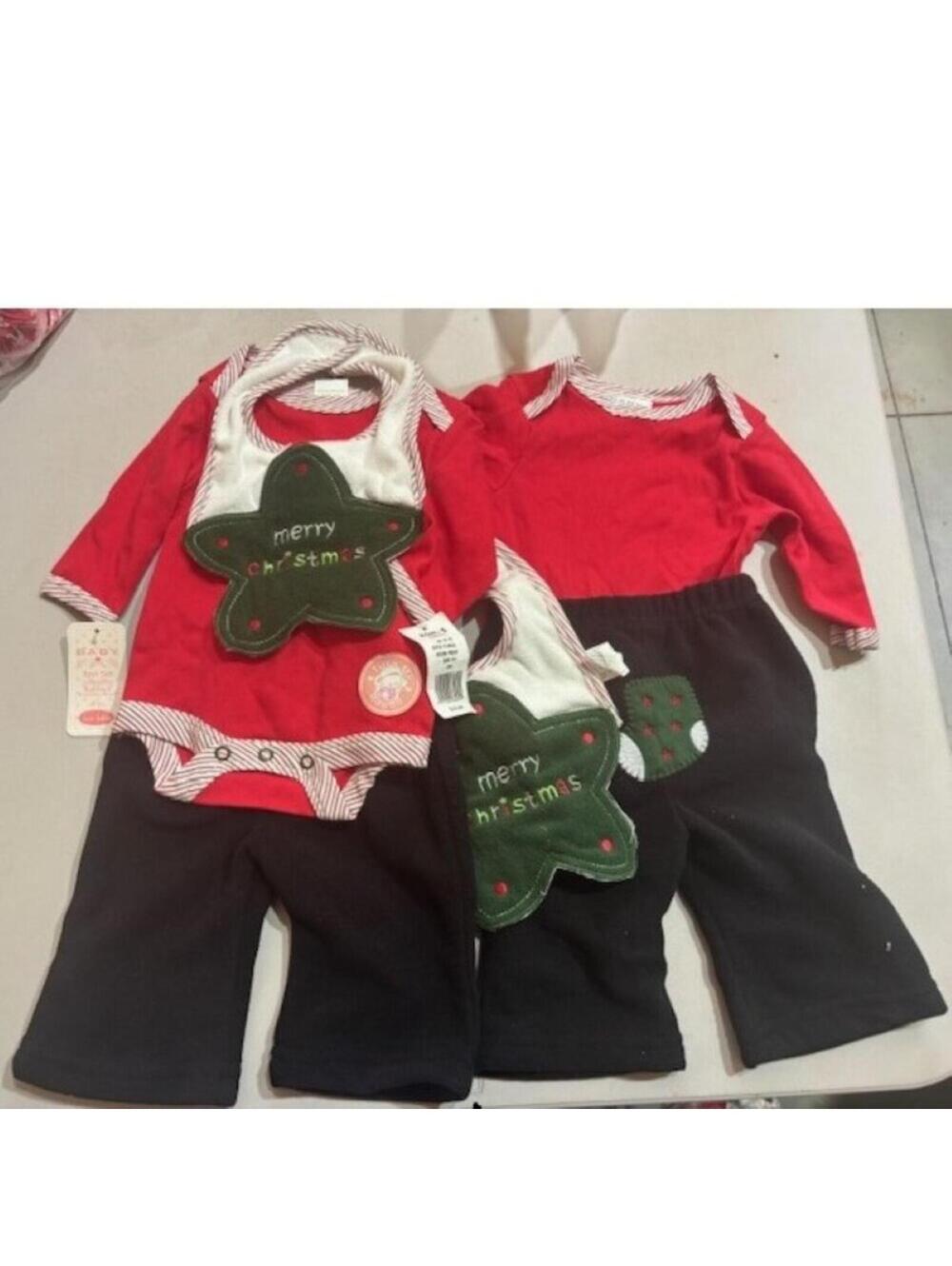 2 Infant Christmas Star Set 3/6 mths Bon Bebe Red Bodysuit, Pants & Bib 6 Pc